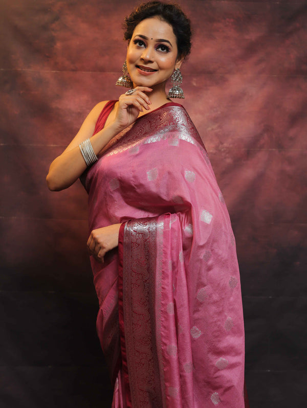 Banarasee Handwoven Semi-Chiffon Saree With Contrast Border & Silver Zari-Pink & Maroon