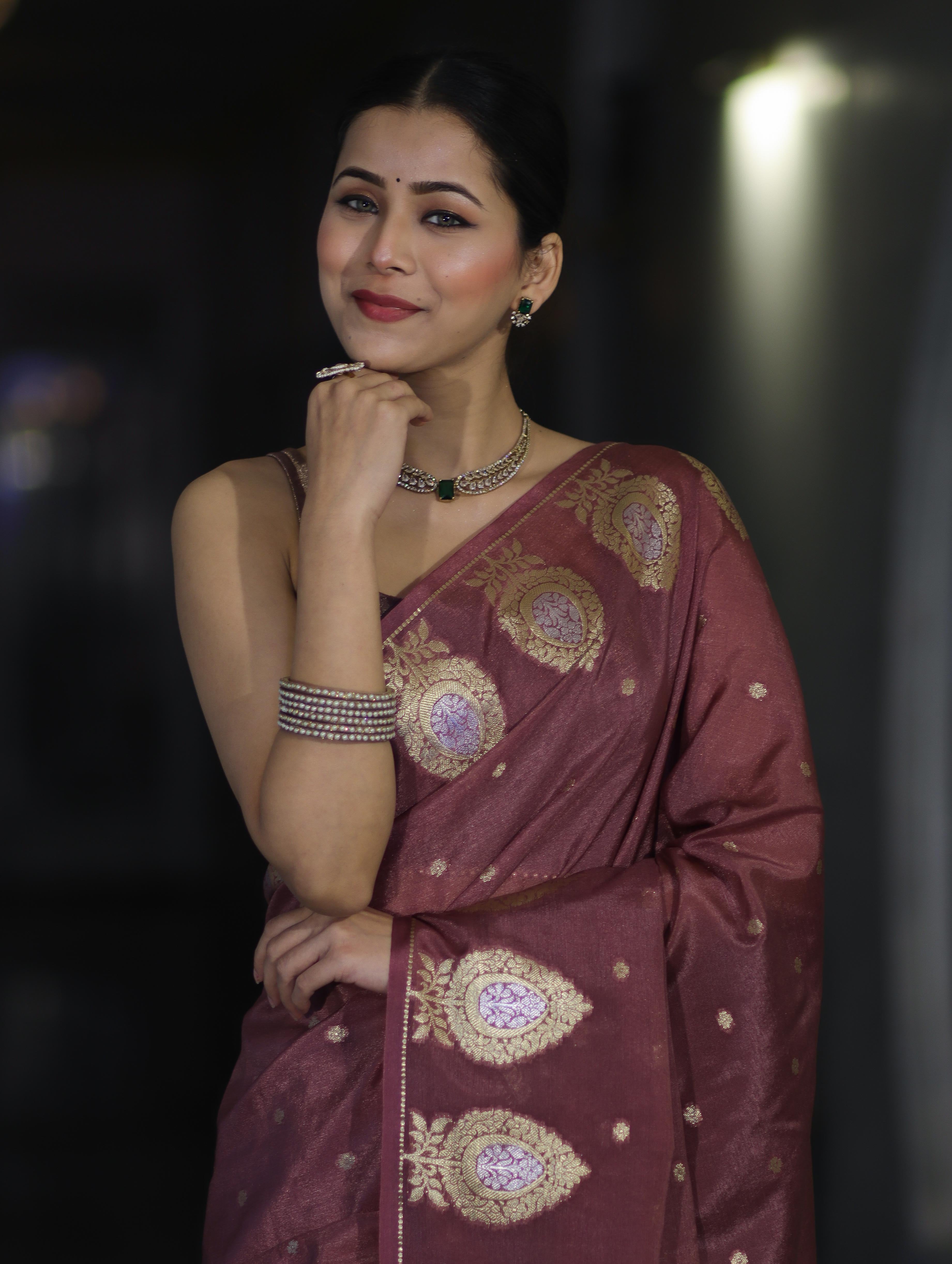 Banarasee Handloom Semi Silk Saree With Sona Rupa Zari Buti Design & Border-Mauve