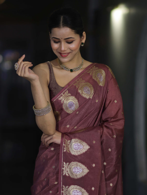Banarasee Handloom Semi Silk Saree With Sona Rupa Zari Buti Design & Border-Mauve