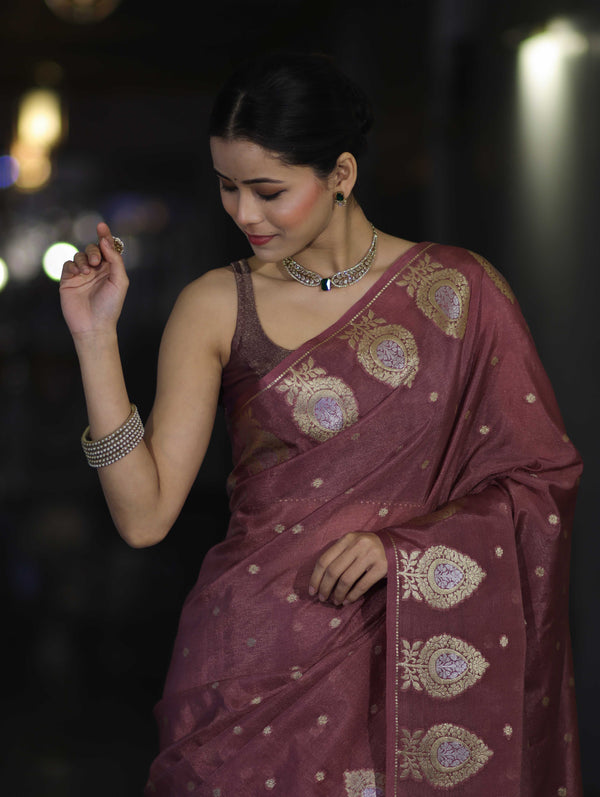 Banarasee Handloom Semi Silk Saree With Sona Rupa Zari Buti Design & Border-Mauve