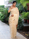 Banarasee Pure Linen Shine Saree With Gold Stripes Design-White & Gold
