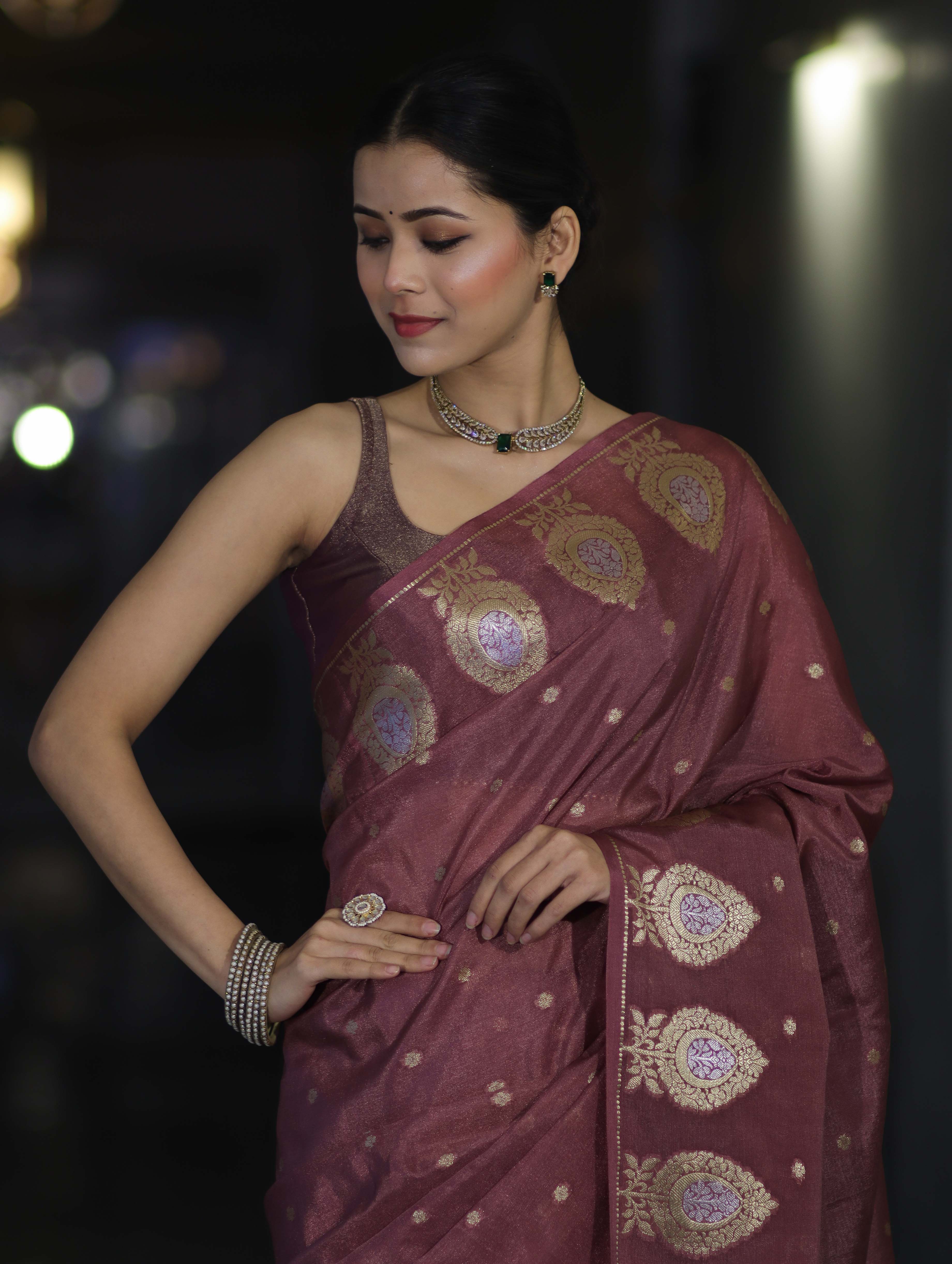Banarasee Handloom Semi Silk Saree With Sona Rupa Zari Buti Design & Border-Mauve