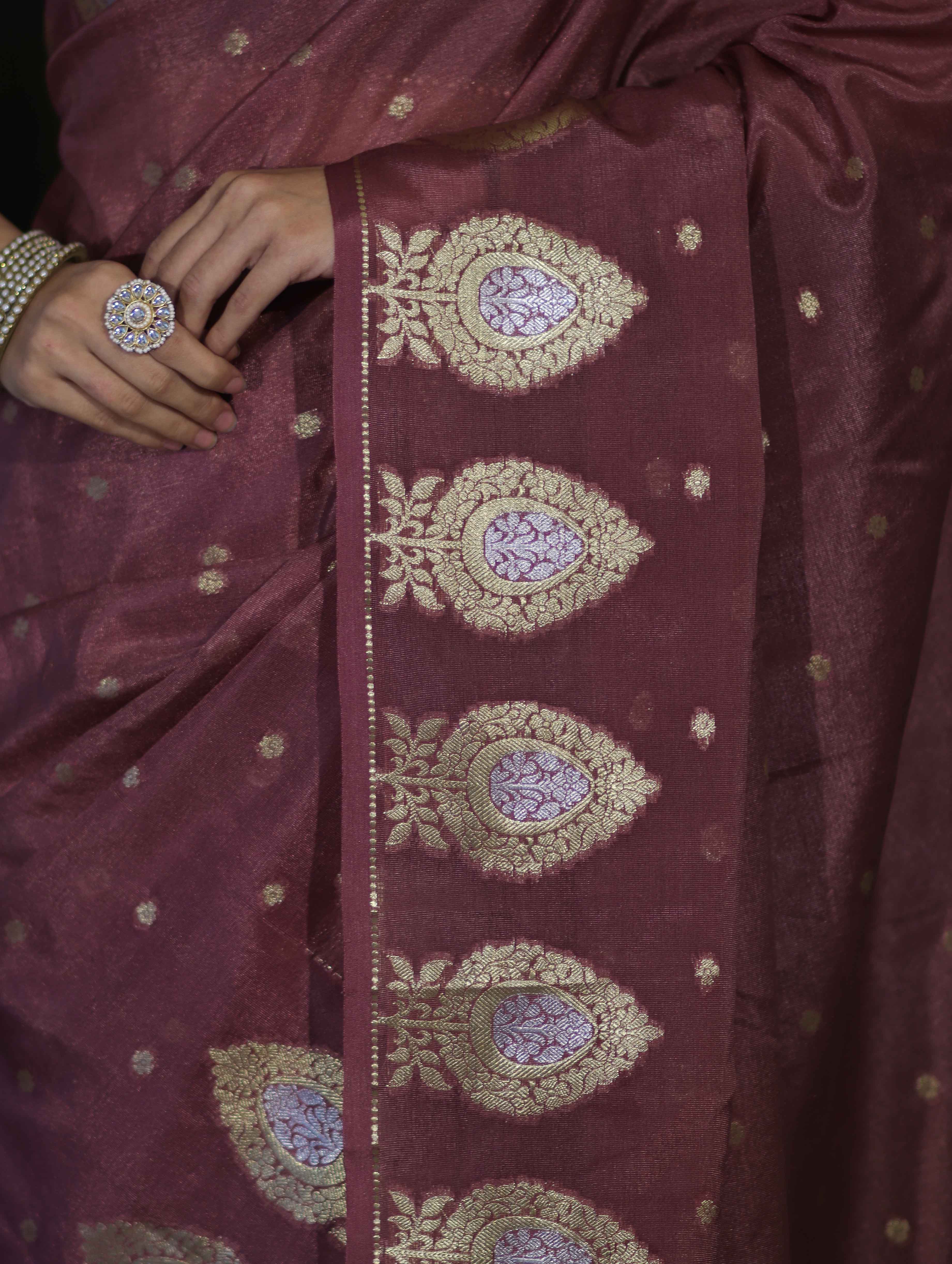 Banarasee Handloom Semi Silk Saree With Sona Rupa Zari Buti Design & Border-Mauve