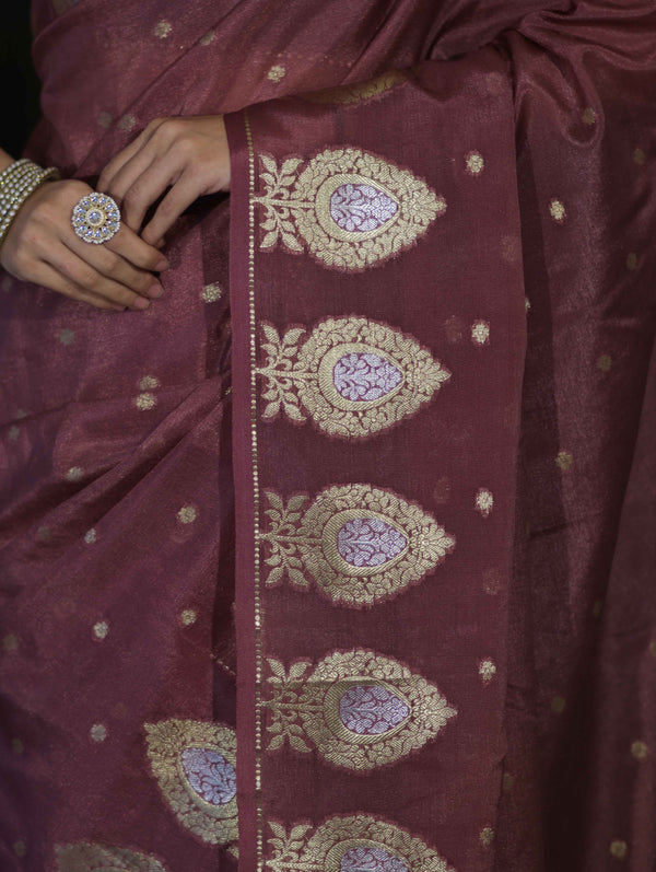 Banarasee Handloom Semi Silk Saree With Sona Rupa Zari Buti Design & Border-Mauve