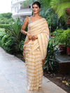Banarasee Pure Linen Shine Saree With Gold Stripes Design-White & Gold