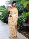 Banarasee Pure Linen Shine Saree With Gold Stripes Design-White & Gold
