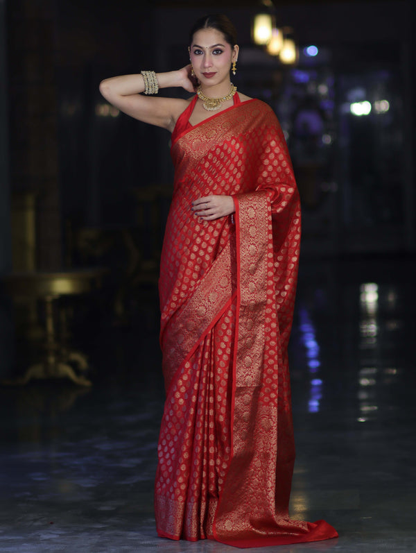 Banarasee Handwoven Georgette Saree With Zari Buta Design & Floral Border-Red