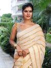 Banarasee Pure Linen Shine Saree With Gold Stripes Design-White & Gold