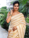 Banarasee Pure Linen Shine Saree With Gold Stripes Design-White & Gold