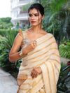 Banarasee Pure Linen Shine Saree With Gold Stripes Design-White & Gold