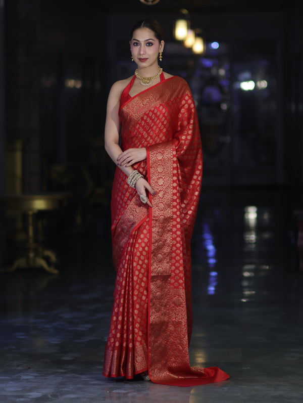 Banarasee Handwoven Georgette Saree With Zari Buta Design & Floral Border-Red
