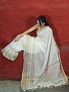Banarasee Handloom Pure Linen Saree With Gold Zari Border-White