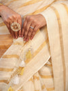 Banarasee Pure Linen Shine Saree With Gold Stripes Design-White & Gold