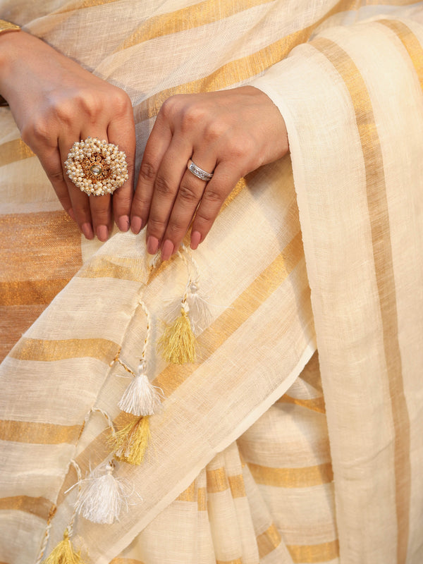 Banarasee Pure Linen Shine Saree With Gold Stripes Design-White & Gold