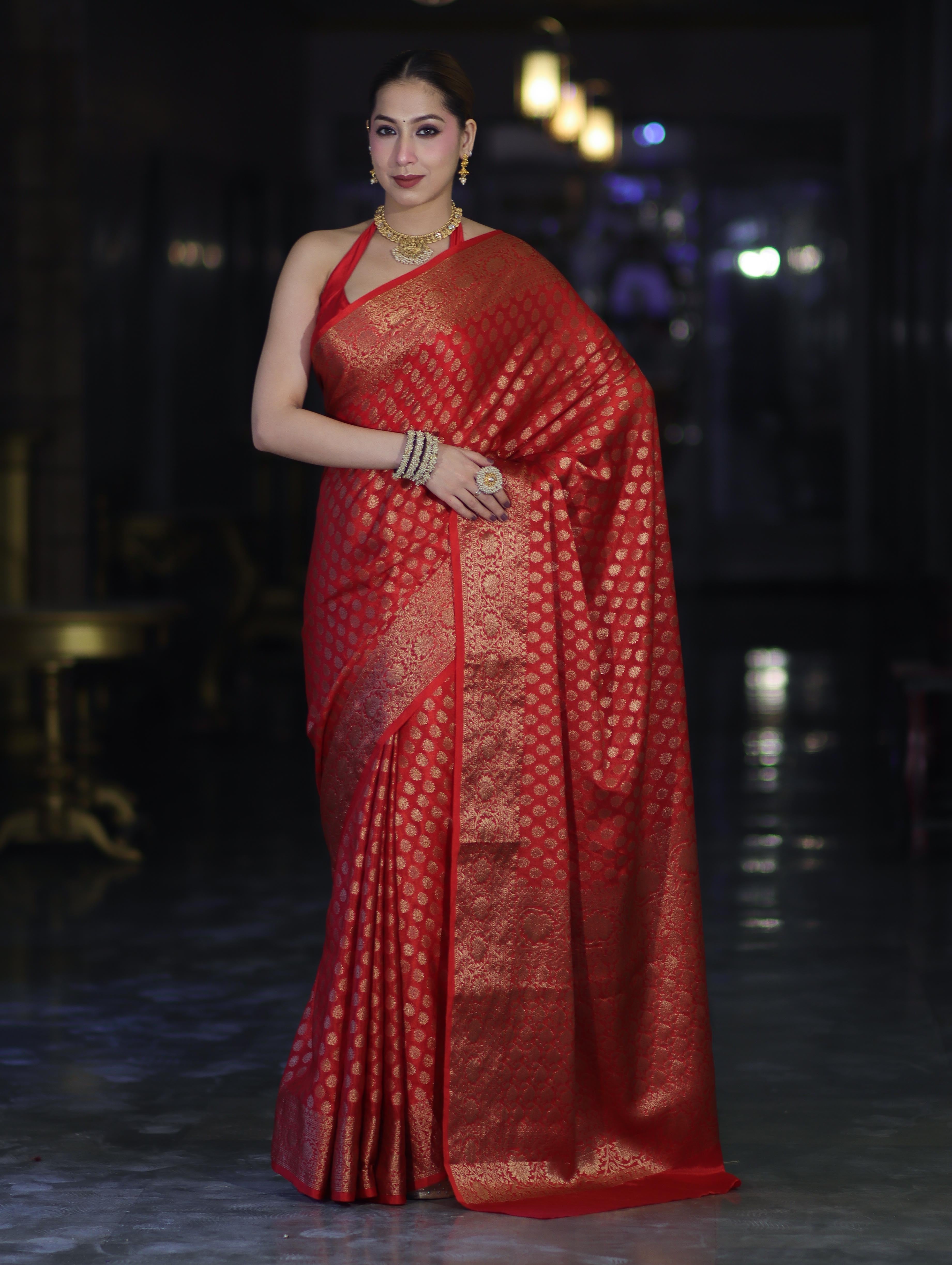 Banarasee Handwoven Georgette Saree With Zari Buta Design & Floral Border-Red