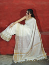 Banarasee Handloom Pure Linen Saree With Gold Zari Border-White