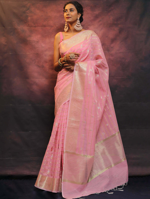 Banarasee Cotton Silk Mix Saree With Stripes Design-Pink