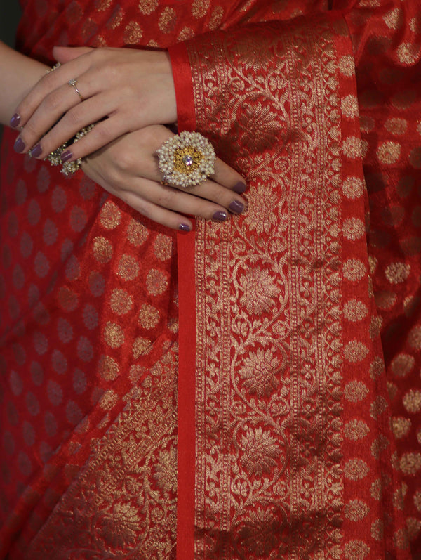 Banarasee Handwoven Georgette Saree With Zari Buta Design & Floral Border-Red