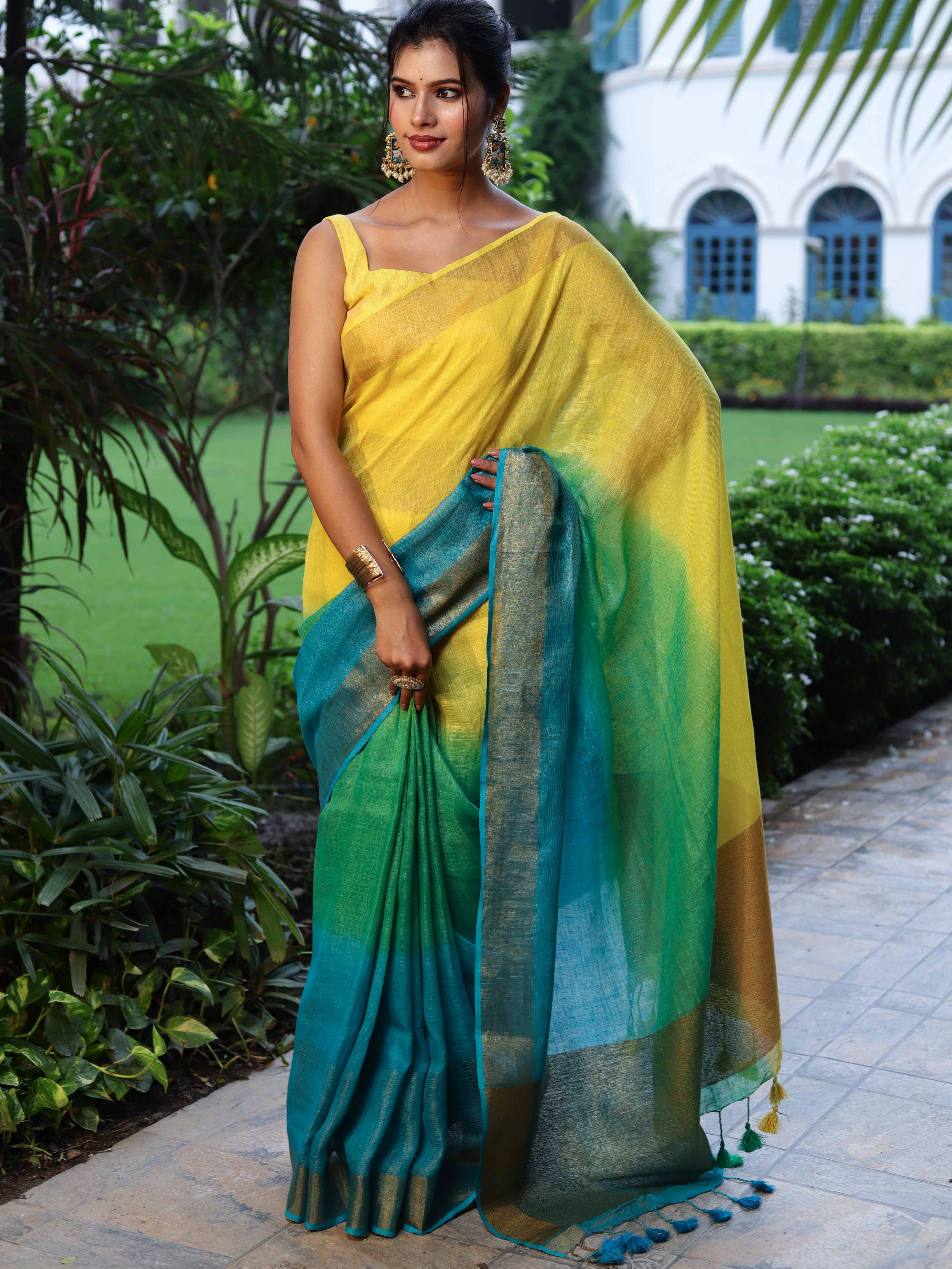 Banarasee Handloom Pure Linen Shine Saree-Multicolor