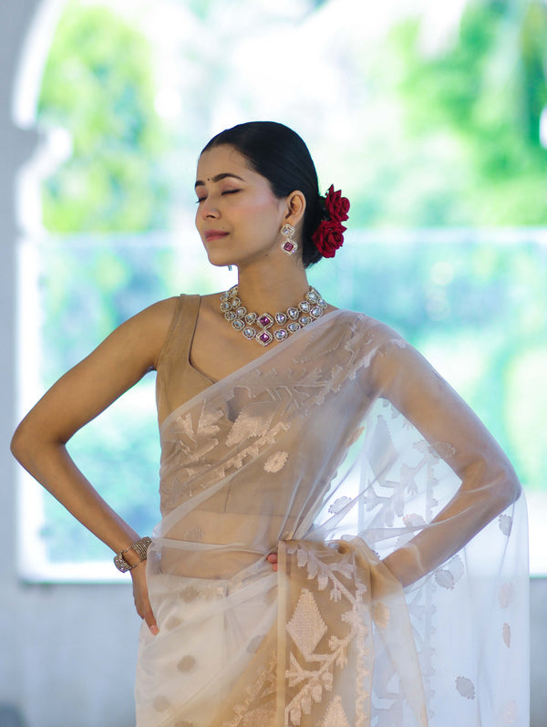 Banarasee Dual Color Organza Mix Saree With Zari Work-Gold & Silver