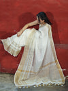 Banarasee Handloom Pure Linen Saree With Gold Zari Border-White