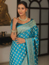 Banarasee Handwoven Semi Katan Saree With Zari Buta Design & Border-Teal Blue