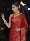 Banarasee Handwoven Georgette Saree With Zari Buta Design & Floral Border-Red