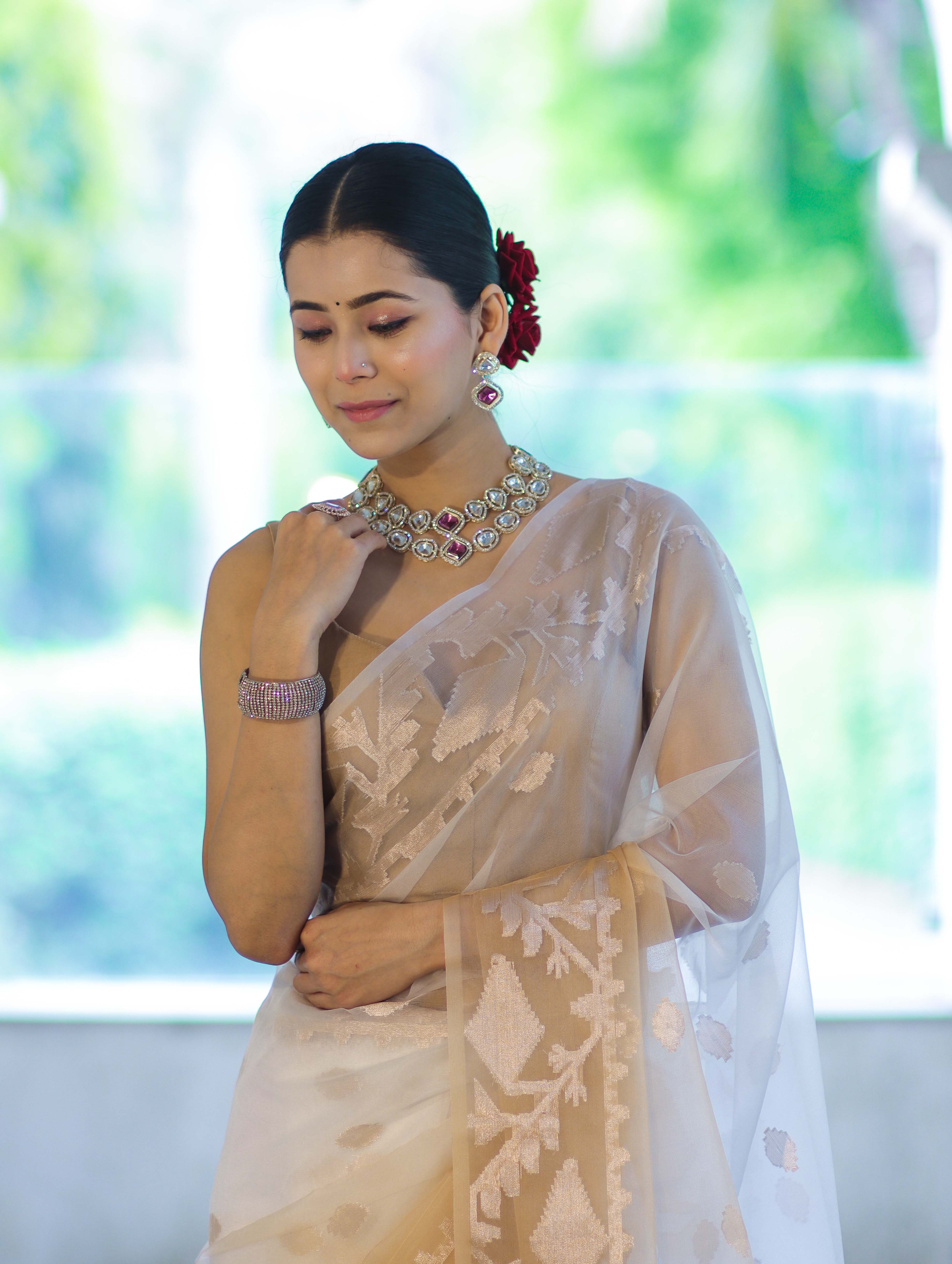 Banarasee Dual Color Organza Mix Saree With Zari Work-Gold & Silver