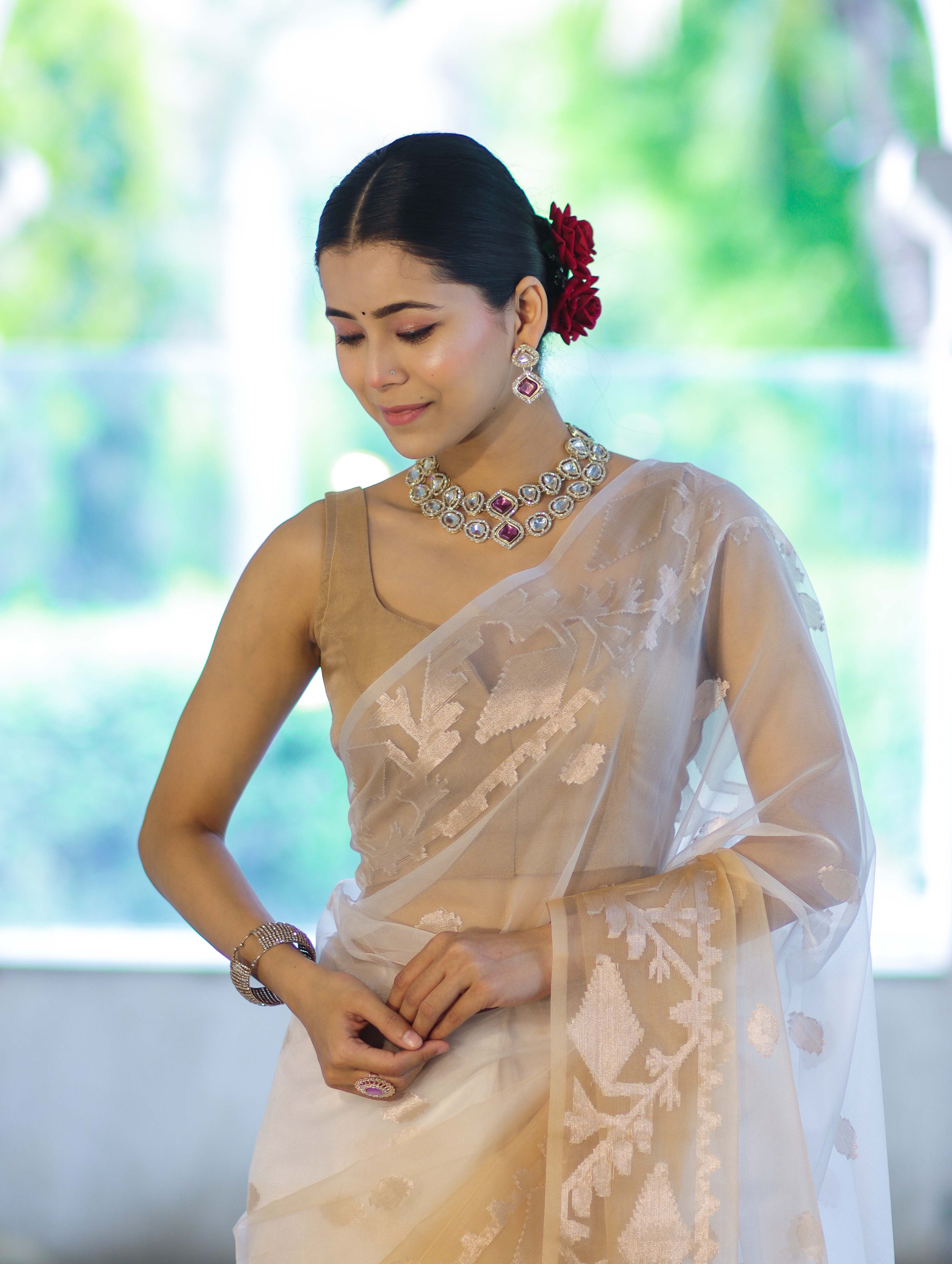 Banarasee Dual Color Organza Mix Saree With Zari Work-Gold & Silver