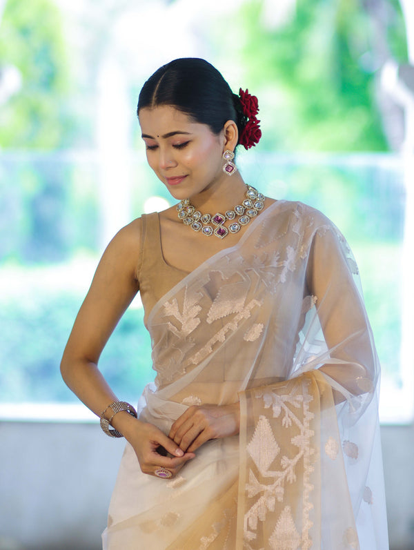 Banarasee Dual Color Organza Mix Saree With Zari Work-Gold & Silver