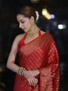 Banarasee Handwoven Georgette Saree With Zari Buta Design & Floral Border-Red