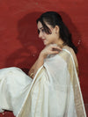 Banarasee Handloom Pure Linen Saree With Gold Zari Border-White