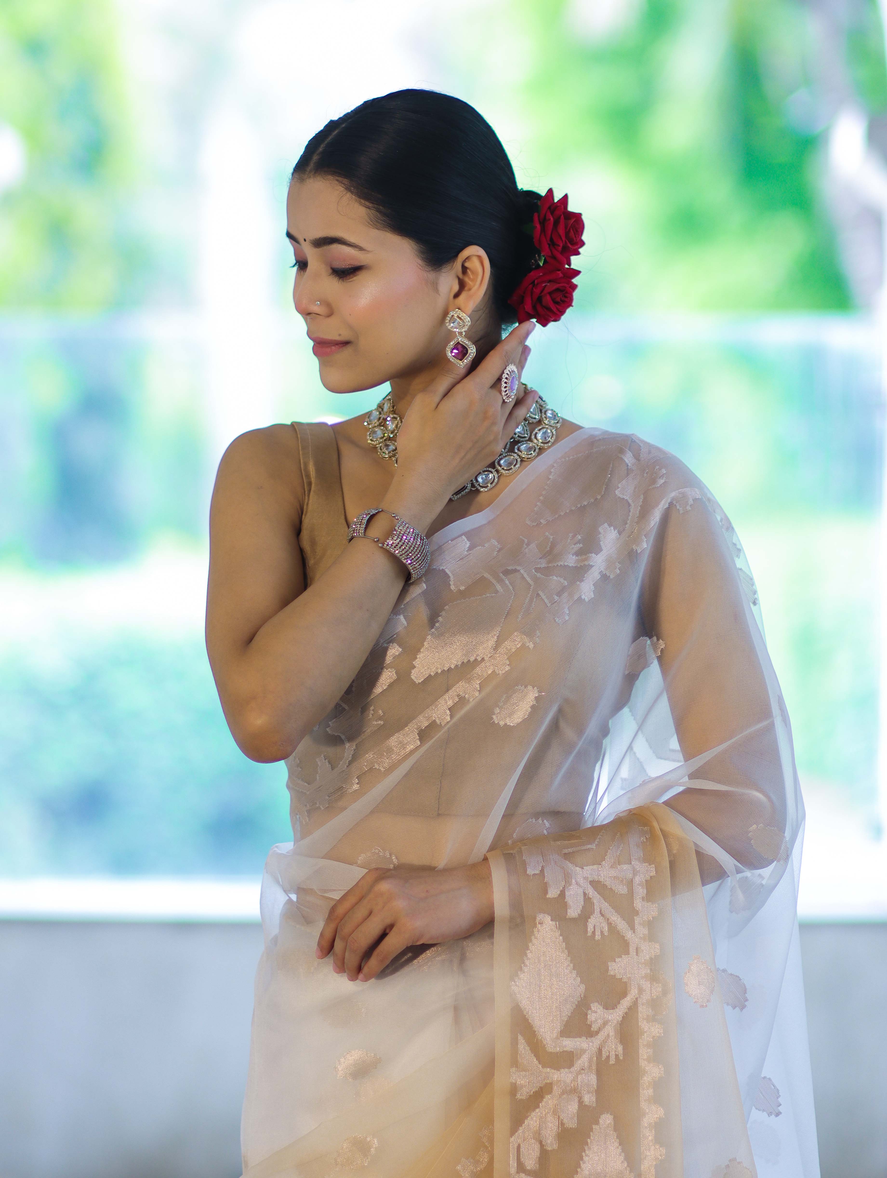 Banarasee Dual Color Organza Mix Saree With Zari Work-Gold & Silver