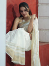 Banarasee Handloom Pure Linen Saree With Gold Zari Border-White