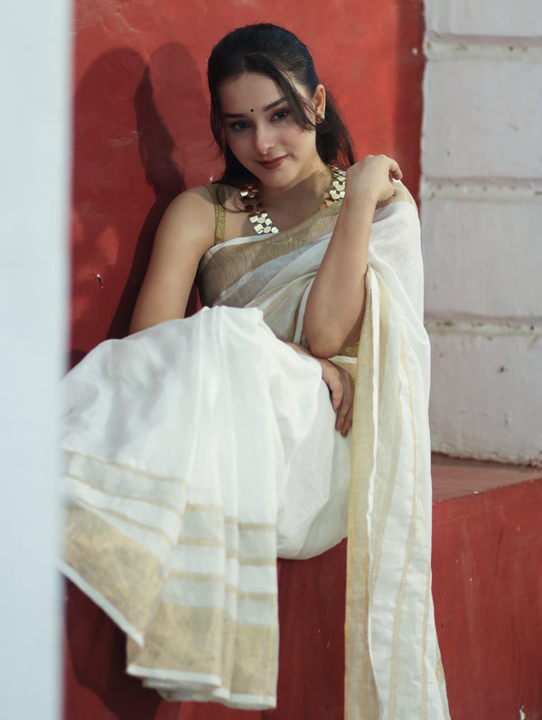 Banarasee Handloom Pure Linen Saree With Gold Zari Border-White