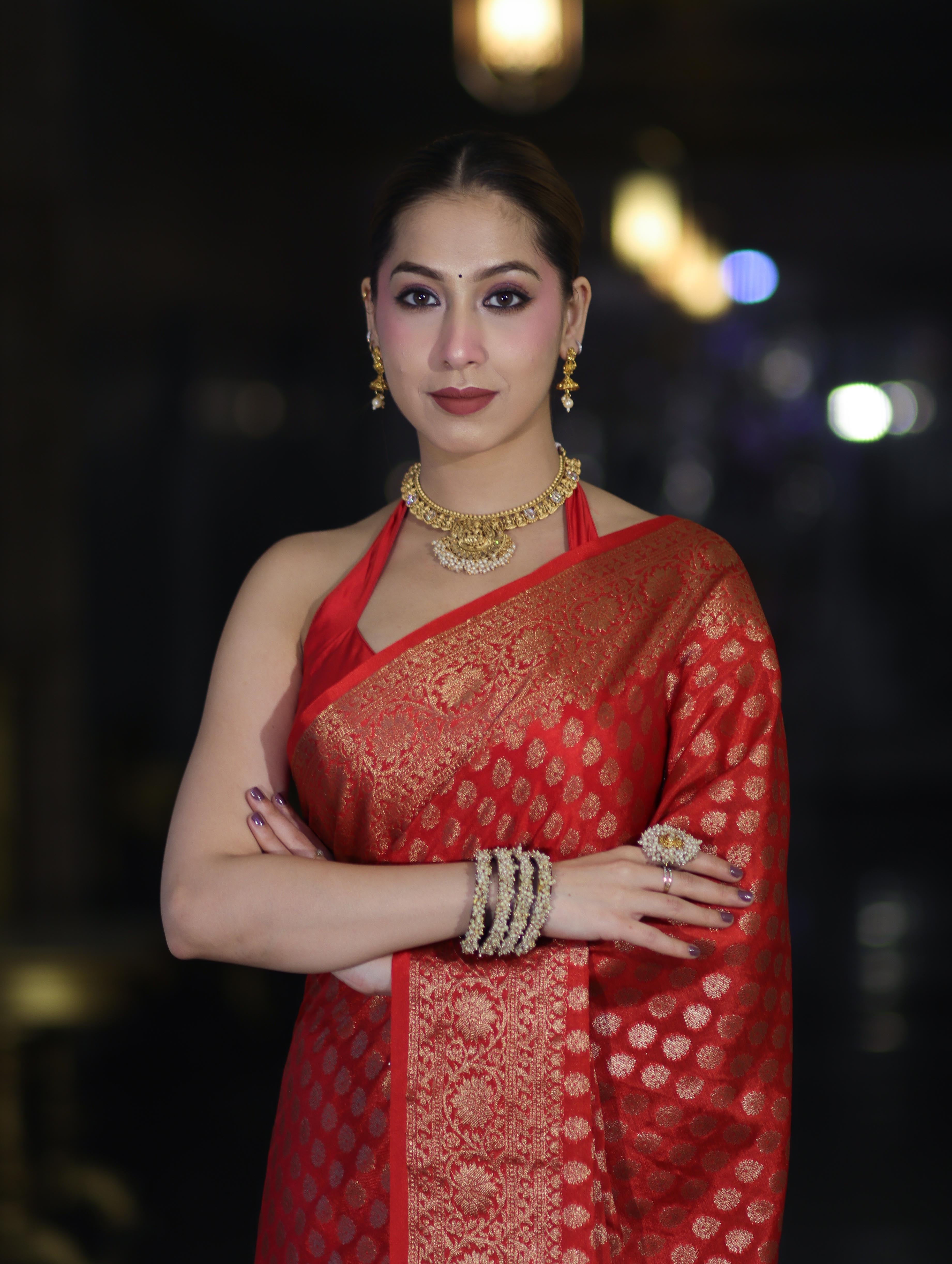 Banarasee Handwoven Georgette Saree With Zari Buta Design & Floral Border-Red