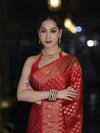 Banarasee Handwoven Georgette Saree With Zari Buta Design & Floral Border-Red