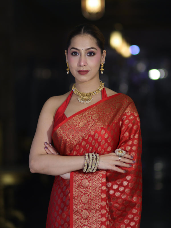 Banarasee Handwoven Georgette Saree With Zari Buta Design & Floral Border-Red