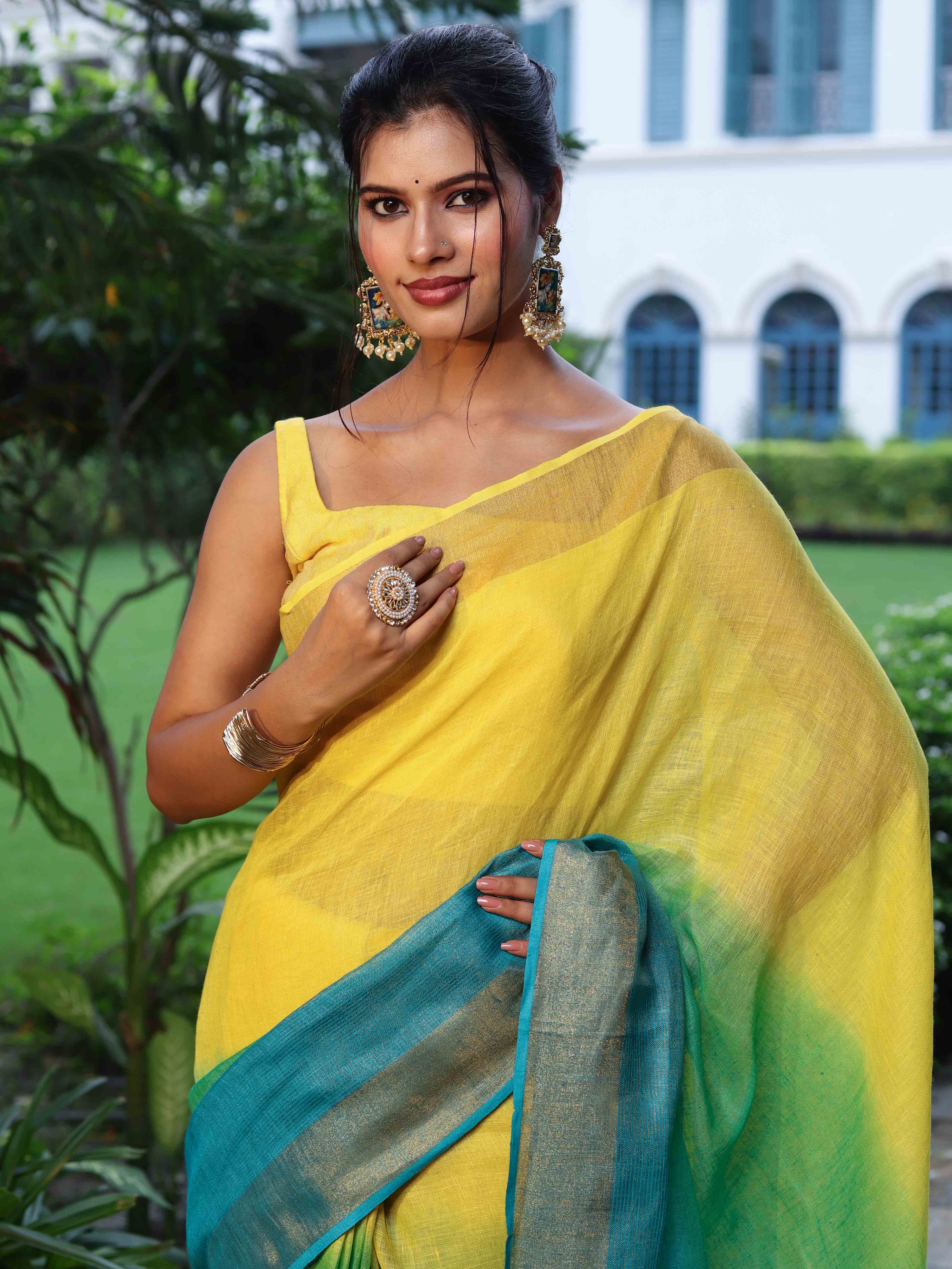 Banarasee Handloom Pure Linen Shine Saree-Multicolor