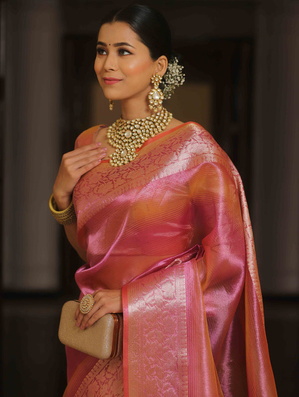 Banarasee Handwoven Shaded Tissue Saree-Pink
