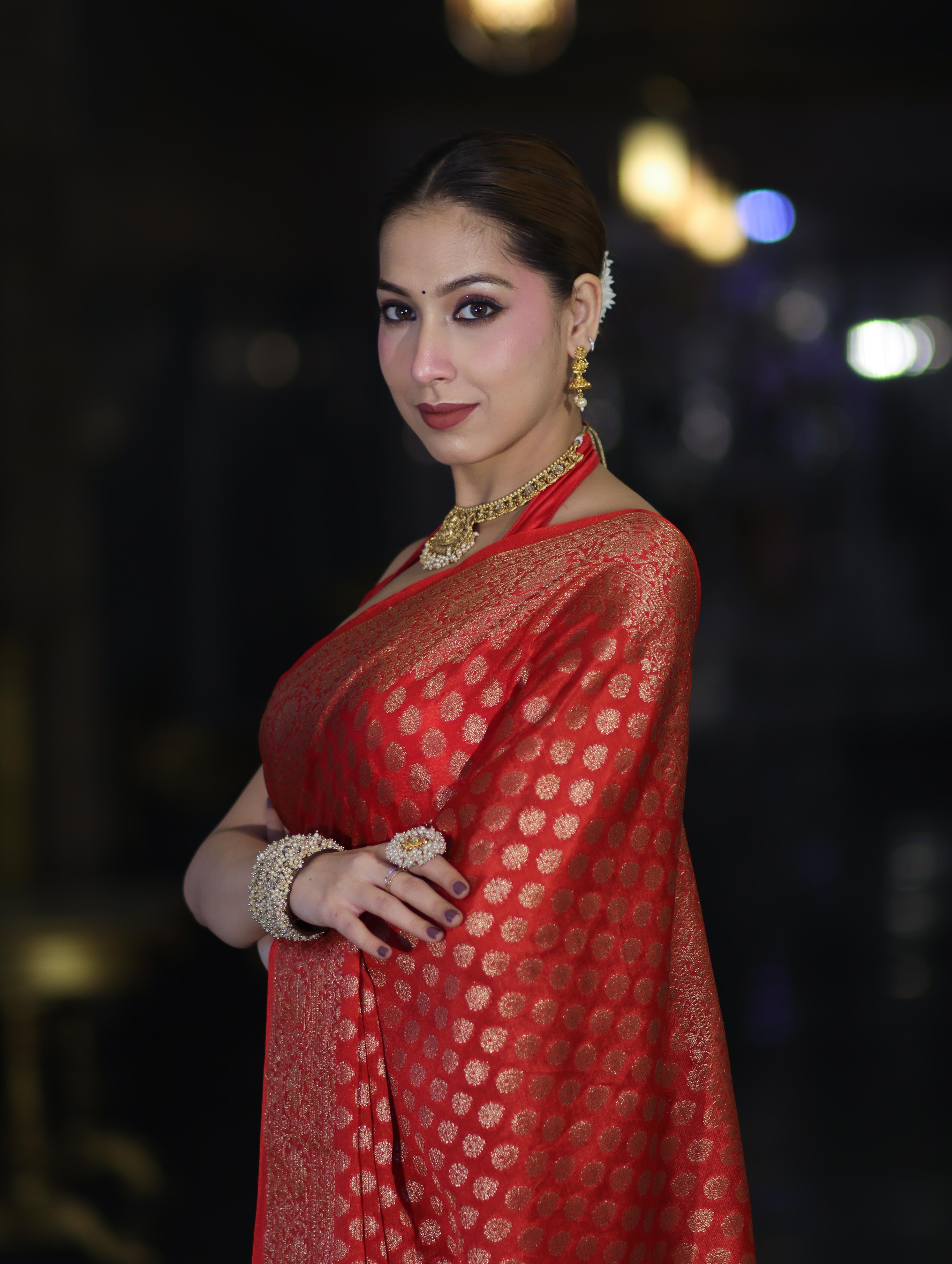 Banarasee Handwoven Georgette Saree With Zari Buta Design & Floral Border-Red