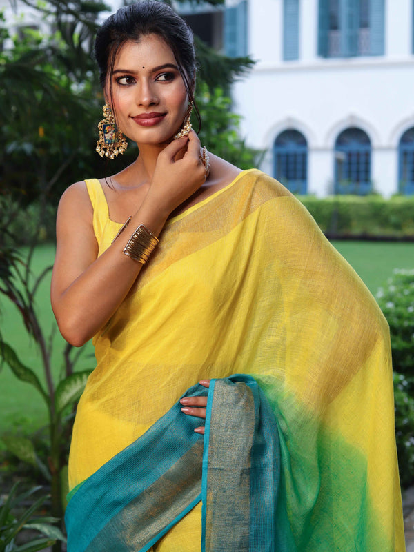 Banarasee Handloom Pure Linen Shine Saree-Multicolor