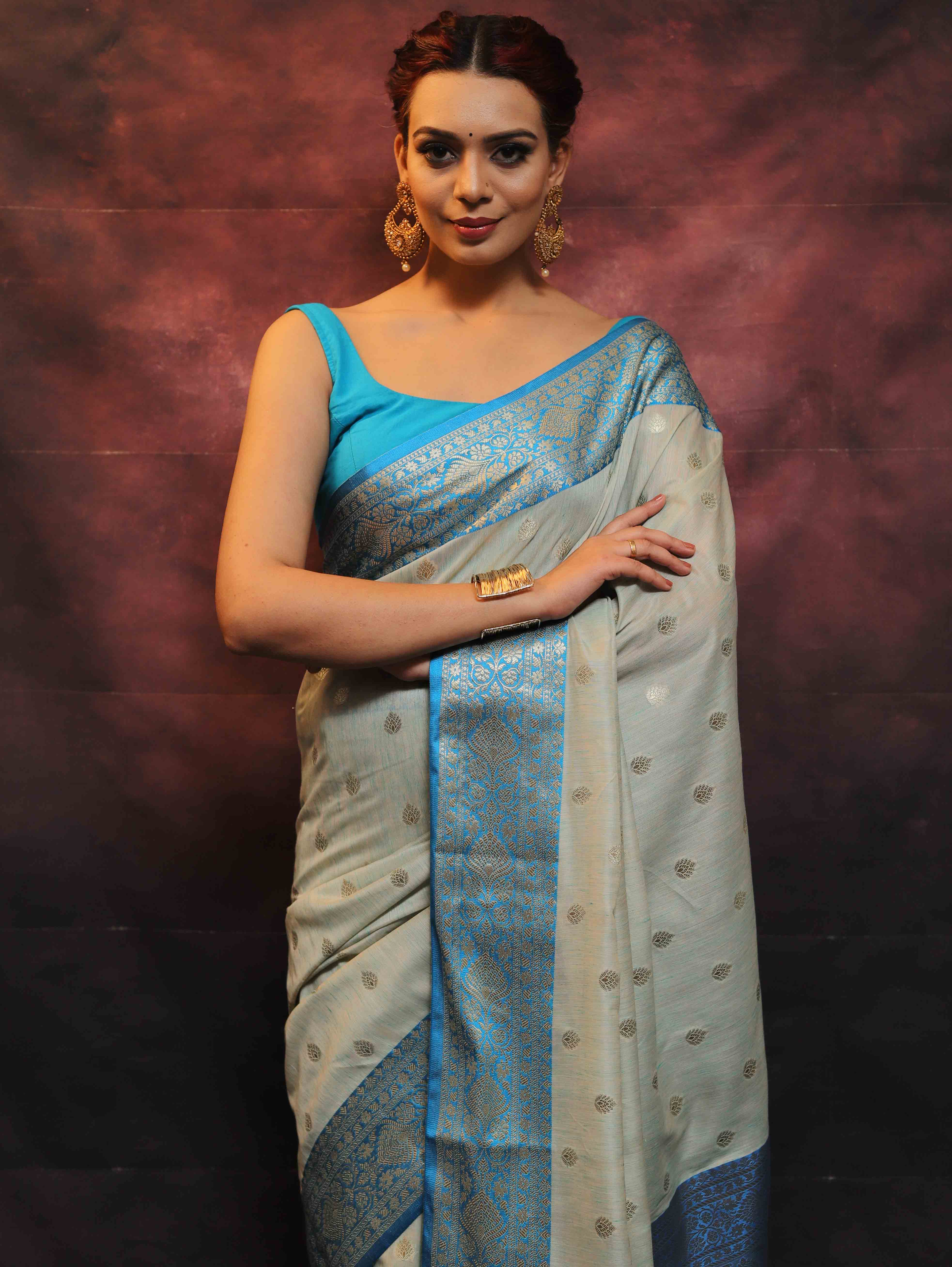 Banarasee Cotton Silk Mix Banswada Sari With Zari Buta & Contrast Border-Blue