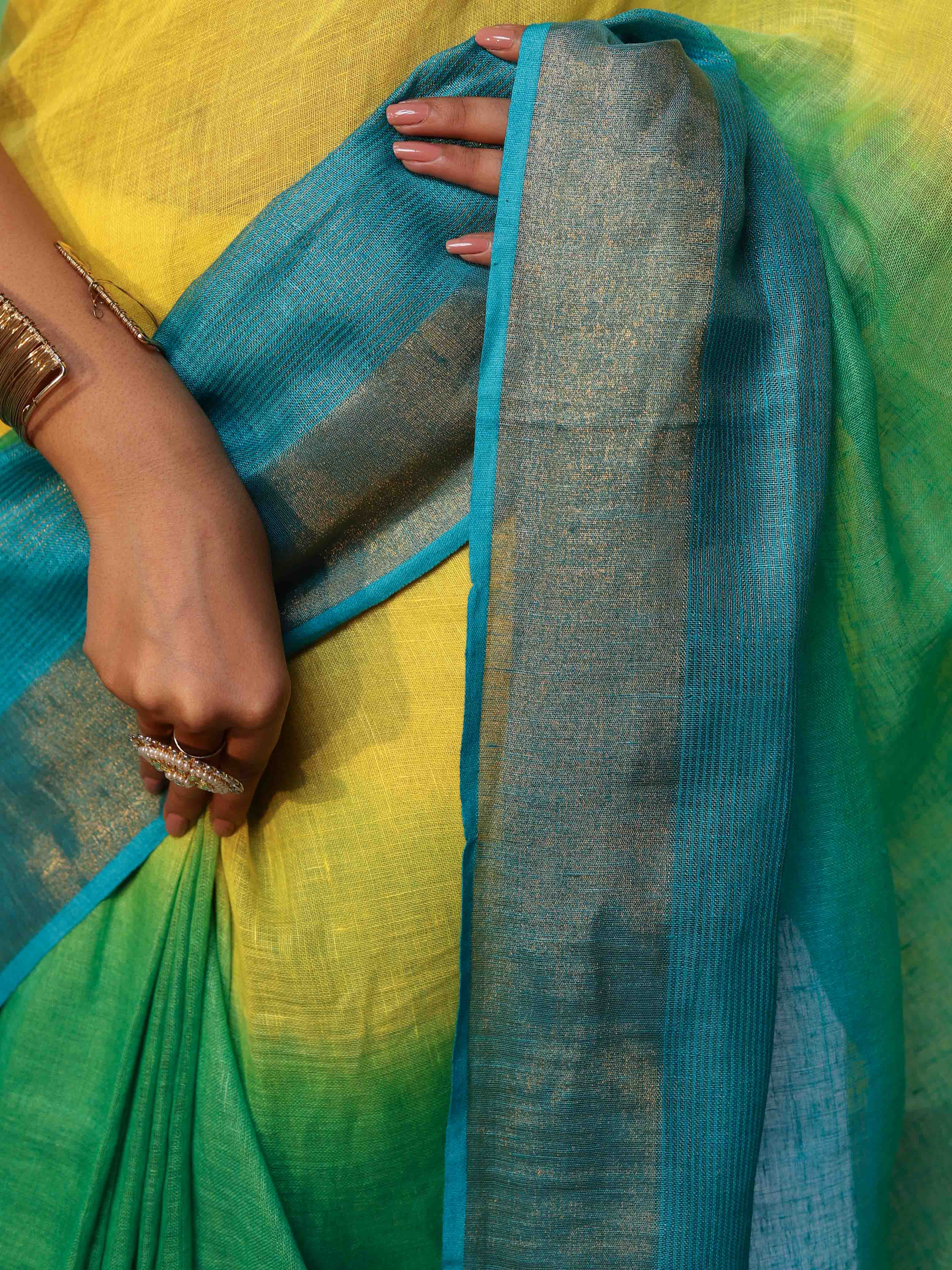 Banarasee Handloom Pure Linen Shine Saree-Multicolor