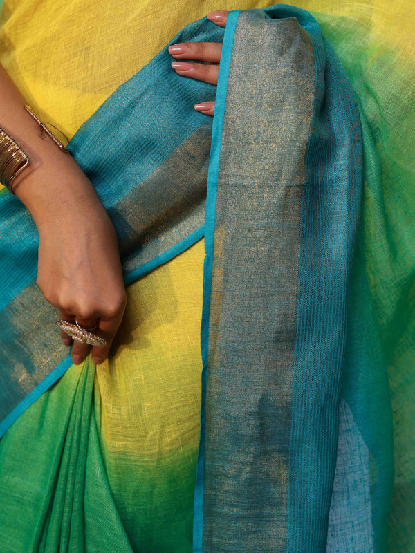 Banarasee Handloom Pure Linen Shine Saree-Multicolor
