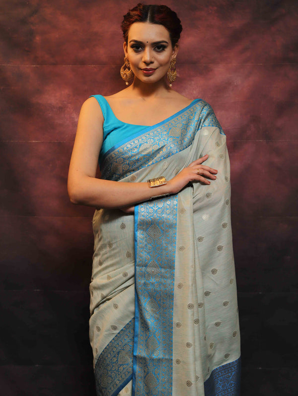 Banarasee Cotton Silk Mix Banswada Sari With Zari Buta & Contrast Border-Blue