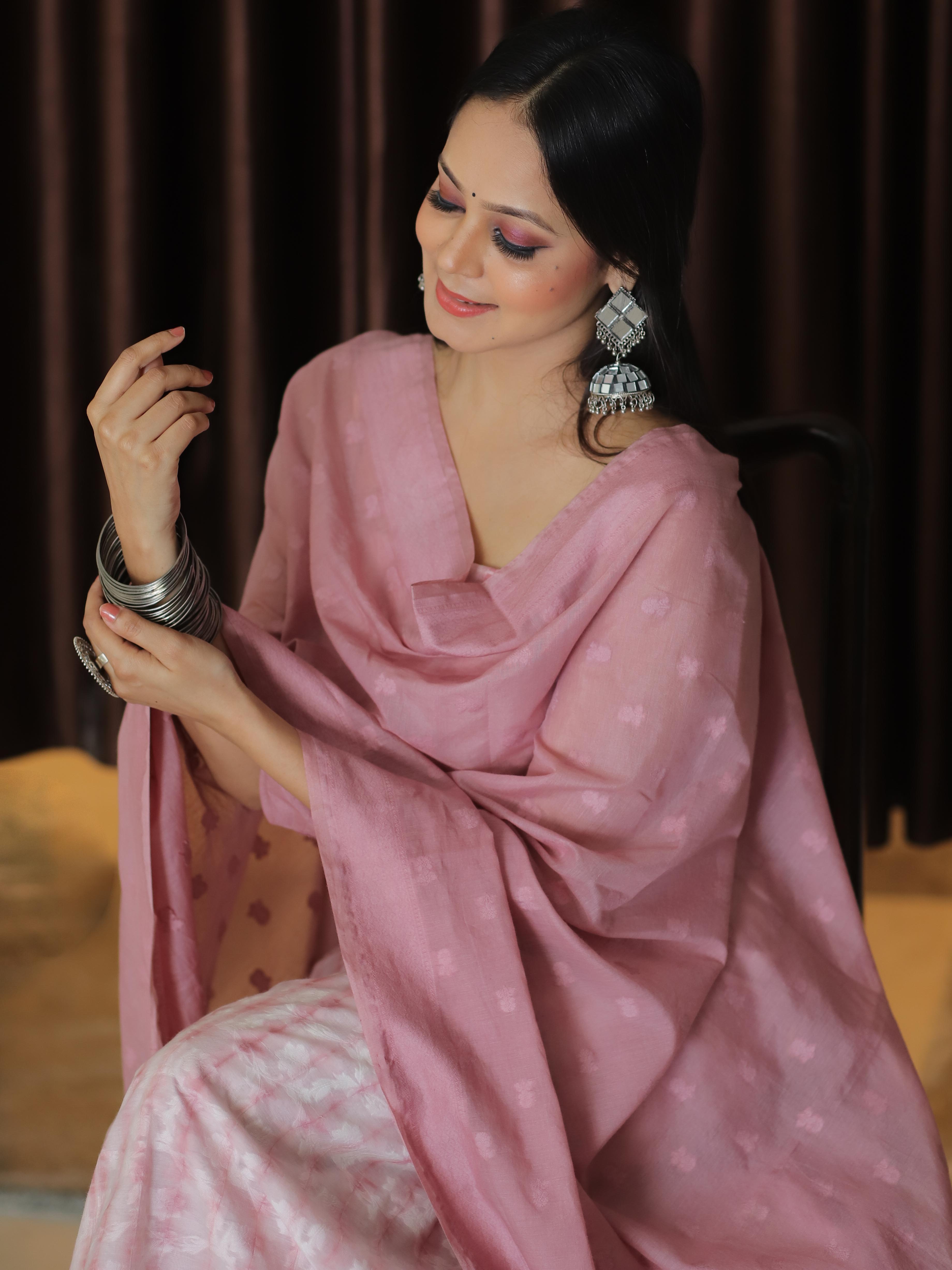 Banarasee Chanderi Cotton Resham Buti Salwar Kameez With Embroidered Dupatta-White & Mauve