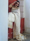 Banarasee Handloom Pure Linen Saree With Gold Zari Border-White