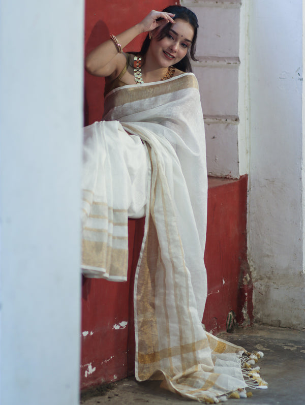 Banarasee Handloom Pure Linen Saree With Gold Zari Border-White