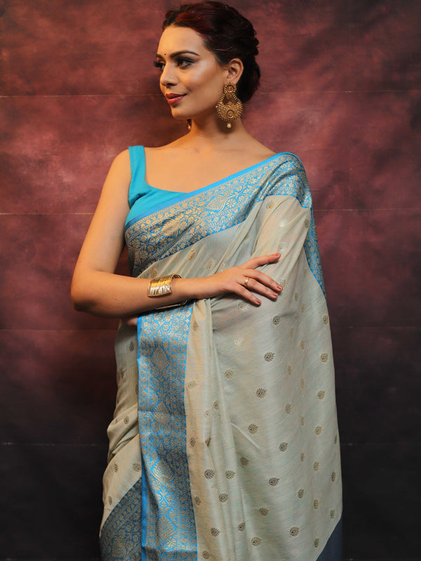 Banarasee Cotton Silk Mix Banswada Sari With Zari Buta & Contrast Border-Blue